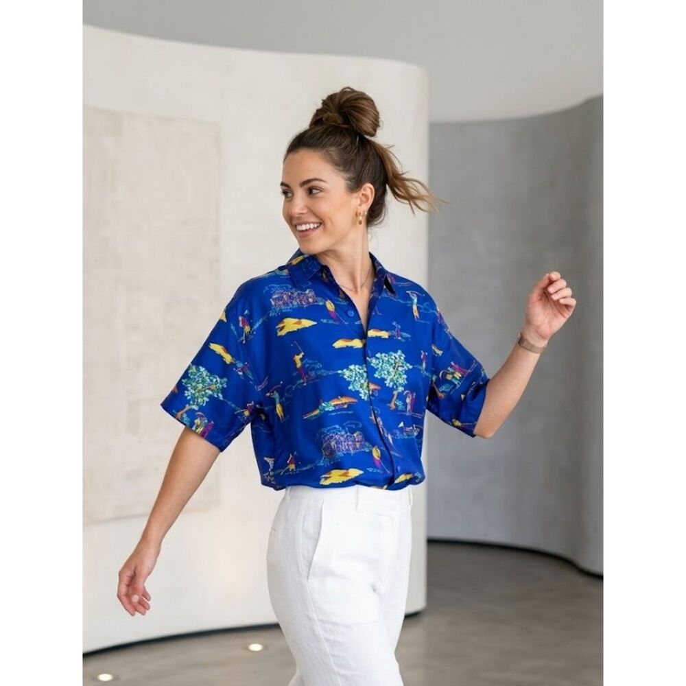 Vintage 90s Alexander Campbell Shirt Golf Novelty Print Button Down 8 Blue SS